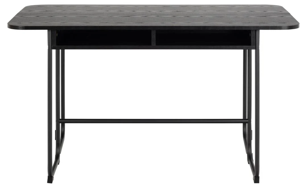 De Eettafel Nieuwe Sfeer is een zwart rechthoekig bureau (80 x 77 cm) met een MDF blad met houtpatroon, twee open opbergvakken en stevige stalen poten voor een eenvoudige, moderne uitstraling.