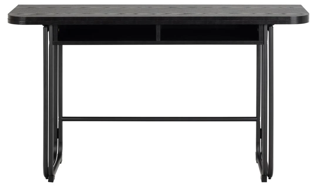 De Eettafel Nieuwe Sfeer 80 x 77 CM heeft een modern zwart rechthoekig MDF blad, twee open opbergvakken eronder en stevige stalen poten met een stijlvol gebogen ontwerp aan de zijkanten.