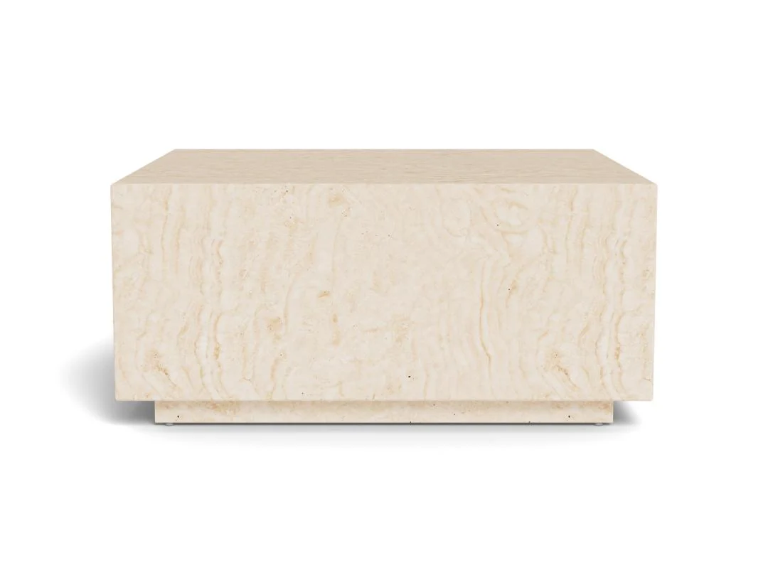 De Salontafel Beige 90 x 42 CM Vierkant is een rechthoekige beige salontafel van kunststof met strakke lijnen en een glad oppervlak tegen een witte achtergrond.
