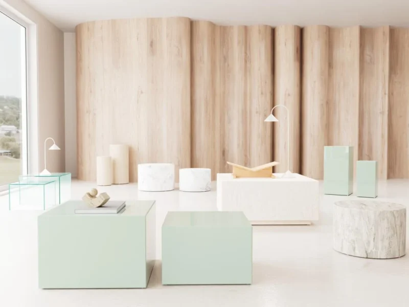Een minimalistische, moderne woonkamer met lichte houten paneelwanden, een beige Salontafel 90x42 cm vierkant in kunststof, marmeren krukjes, een sculpturale lamp en overvloedig natuurlijk licht door de grote ramen. De inrichting is strak en sereen.
