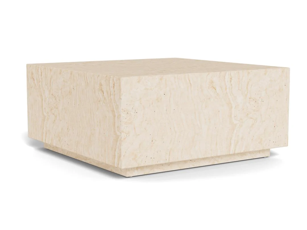 Een vierkante, beige "Salontafel Beige 90 x 42 CM Vierkant" van kunststof met strakke lijnen en een solide uitstraling, tegen een witte achtergrond.