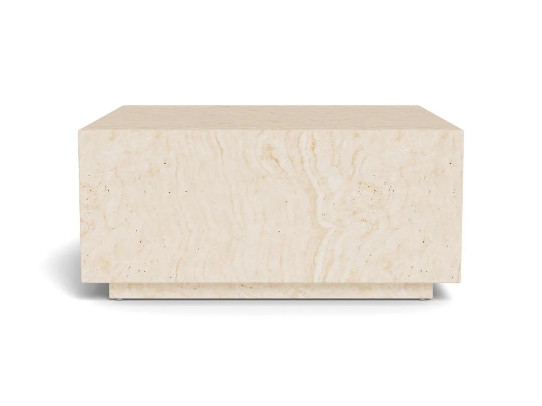 De Salontafel Beige 90 x 42 CM Vierkant is een rechthoekige beige salontafel gemaakt van kunststof, met subtiele natuurlijke adering, getoond vanaf de voorkant tegen een witte achtergrond.