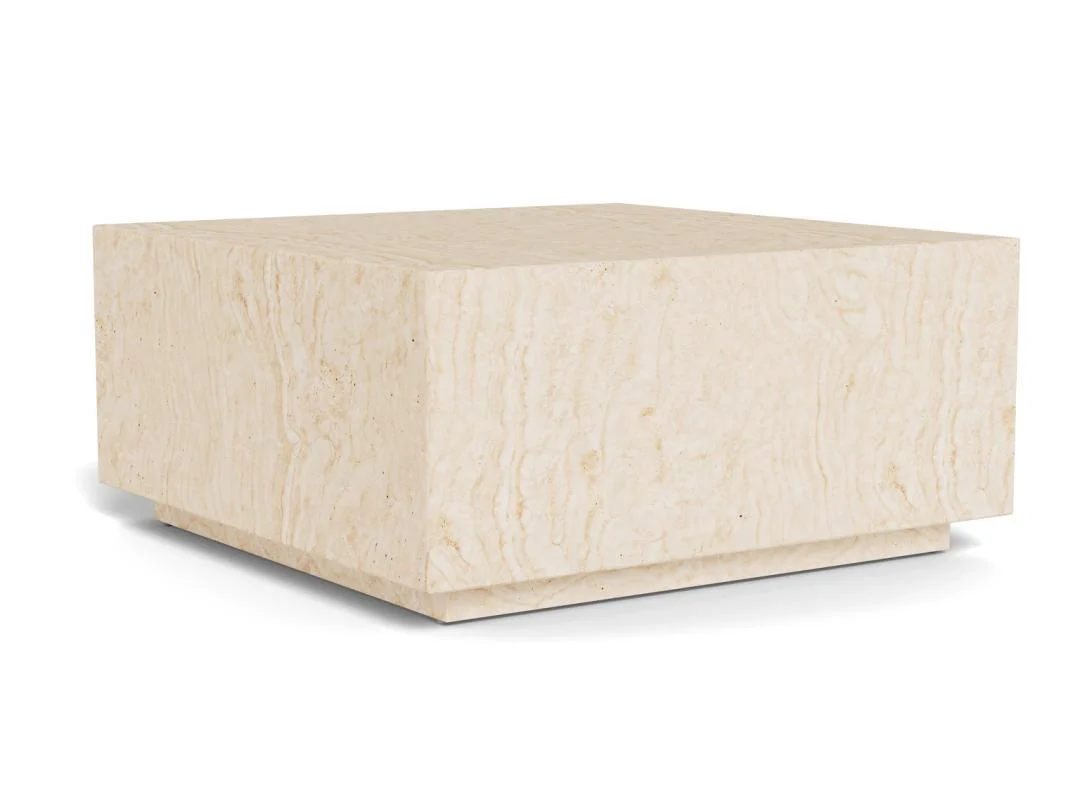 Een vierkante beige salontafel (Salontafel Beige 90 x 42 CM Vierkant) gemaakt van kunststof, met een minimalistisch ontwerp en subtiele natuurlijke textuur, tegen een witte achtergrond.