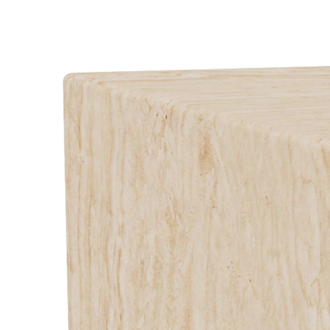 Een close-up van de hoek van de Salontafel Beige 90 x 42 CM Vierkant, gemaakt van kunststof, met de nadruk op het gladde oppervlak en de natuurlijk ogende beige textuur.