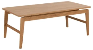 De Salontafel 60 x 45 CM Rechthoek is een rechthoekige salontafel gemaakt van eikenfineer, met strakke lijnen en licht gebogen poten voor een moderne, minimalistische look.