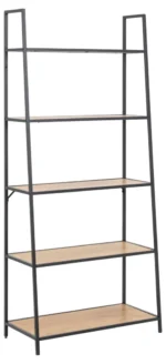 De Seaford boekenkast is een hoge boekenplank met een zwart metalen frame en vier licht houten planken. Het frame loopt iets taps toe naar de bovenkant, wat een moderne, minimalistische look creëert, en is afgebeeld tegen een witte achtergrond.