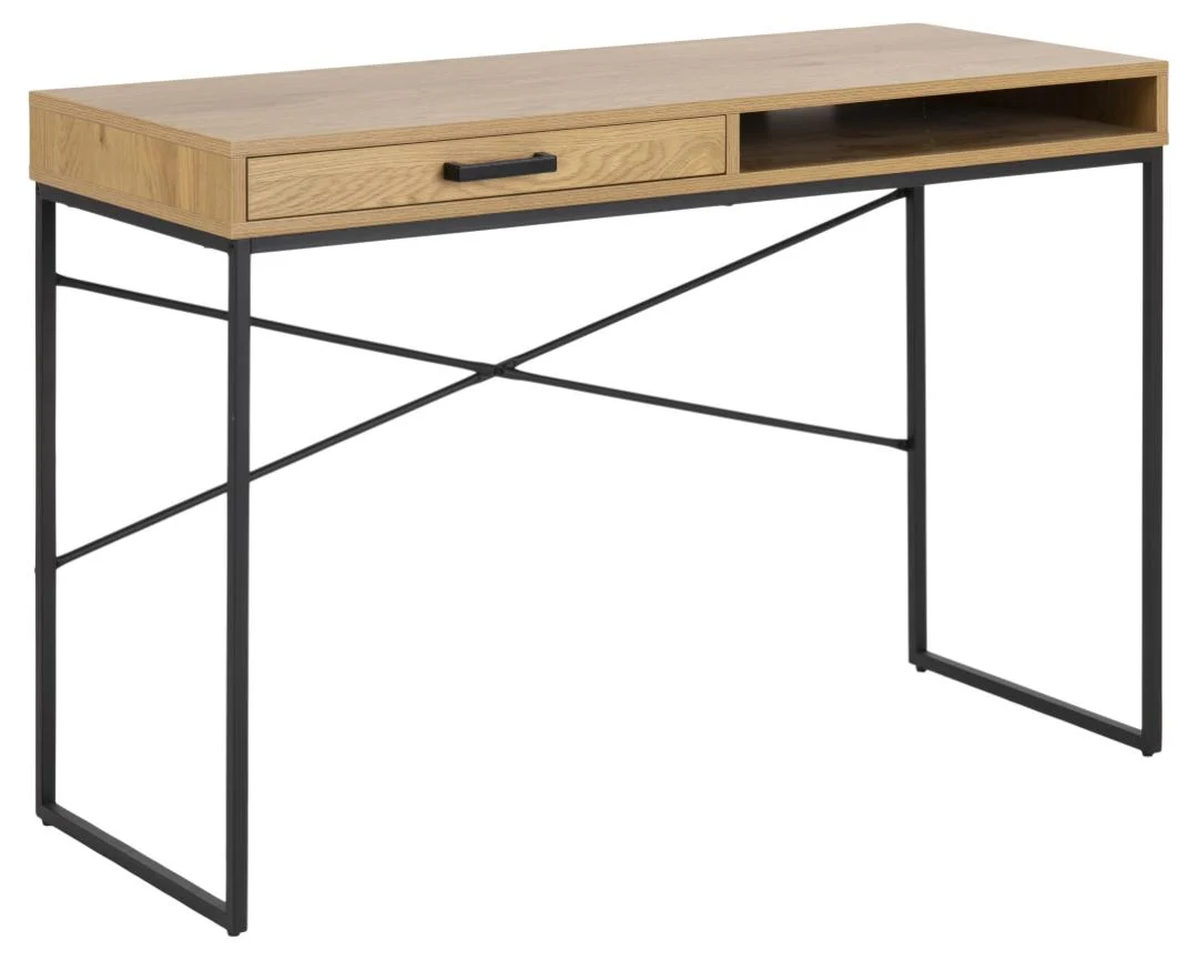 Bureau 110x45 eikenlook met zwarte lade en kabeldoorvoer. Compact design bureau.