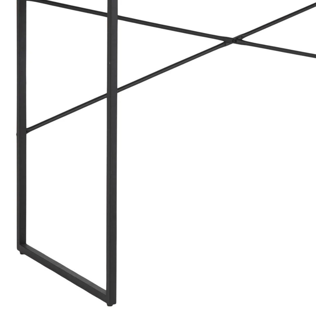 Detail van bureau 110x45 eikenlook met zwart frame. Compact design met kabeldoorvoer.