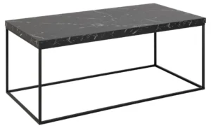 Salontafel Zwart 55 x 45 CM Rechthoek met een zwart marmerlook blad en slanke, stalen poten in een minimalistisch, open frame ontwerp.