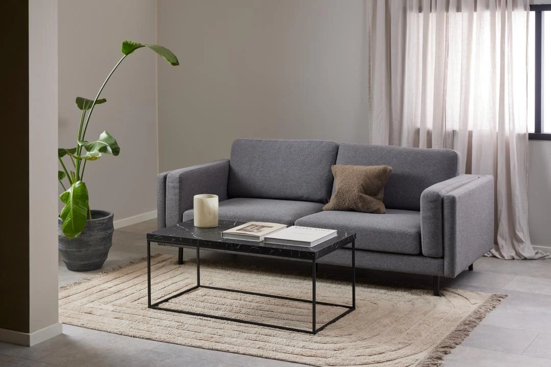 Een moderne woonkamer met een grijze bank, bruin kussen, beige vloerkleed, plant in pot, lichte gordijnen voor het raam en een Salontafel Zwart 55 x 45 CM Rechthoek van staal met boeken en een kaars.