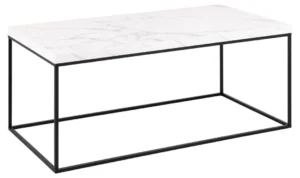 Salontafel Zwart, Roest 55 x 45 CM: rechthoekige koffietafel met wit marmeren blad en minimalistisch zwart stalen frame.