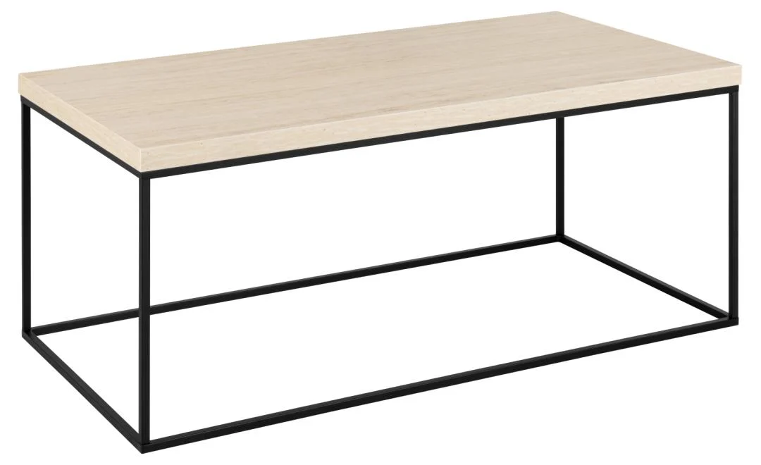 De Salontafel Beige 110 x 55 CM Rechthoek heeft een licht houten blad en een minimalistisch zwart stalen frame, dat strakke lijnen en een modern, open ontwerp biedt.