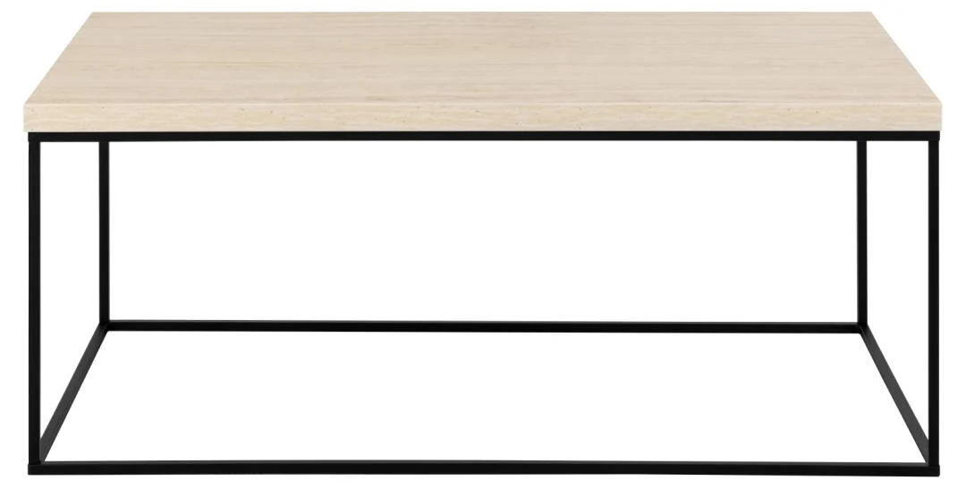 De Salontafel Beige 110 x 55 CM Rechthoek heeft een beige rechthoekig blad en een minimalistisch zwart stalen frame, tegen een witte achtergrond.