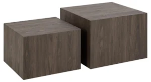 Twee kubusvormige bijzettafels van verschillende afmetingen, naast elkaar geplaatst. Beide zijn "Salontafel Bruin" (vierkant 58 x 40 cm), gemaakt van kunststof met een donkere houtlook afwerking met zichtbare nerfpatronen.