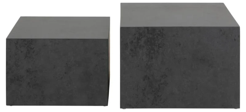 Twee minimalistische, donkergrijze Salontafel Zwart 58 x 40 CM Vierkant tafels uit de Kunststof Nesting Set, elk van een ander formaat en kubusvormig, staan naast elkaar tegen een witte achtergrond.