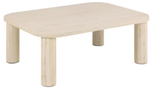 De Salontafel Beige 100 x 75 CM Rond MDF is een lichtgekleurde salontafel met afgeronde hoeken en vier dikke cilindrische poten, met een gladde stenen of marmerachtige afwerking.