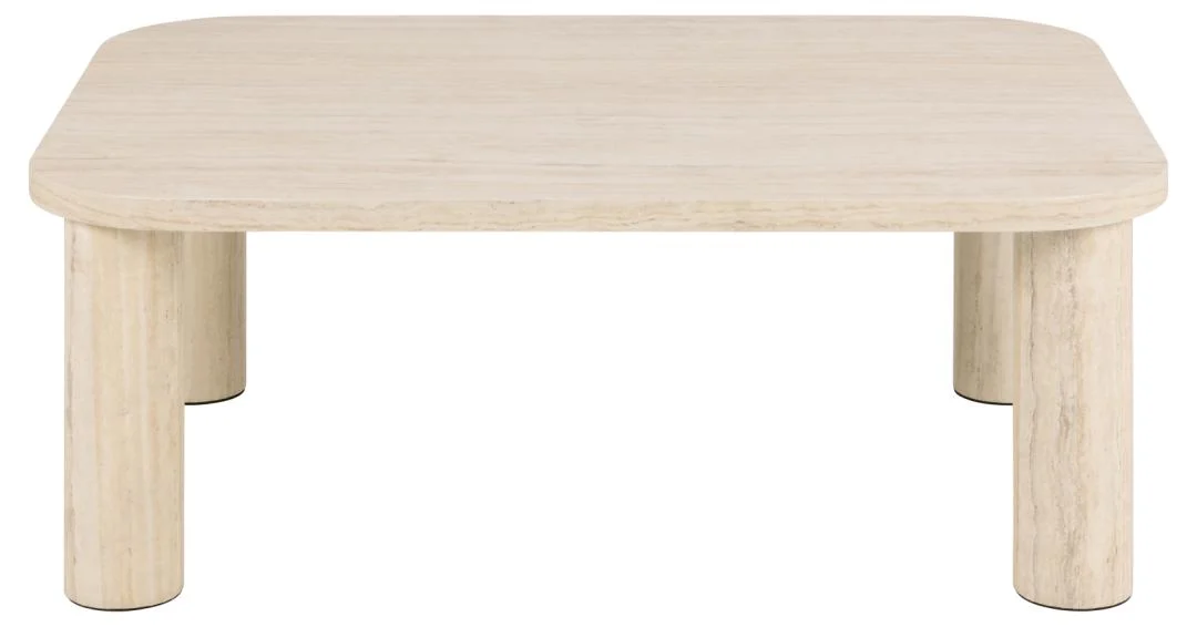 De Salontafel Beige 100 x 75 CM is een rechthoekige salontafel met afgeronde hoeken en vier stevige, cilindervormige poten, allemaal gemaakt van beige MDF tegen een effen witte achtergrond.