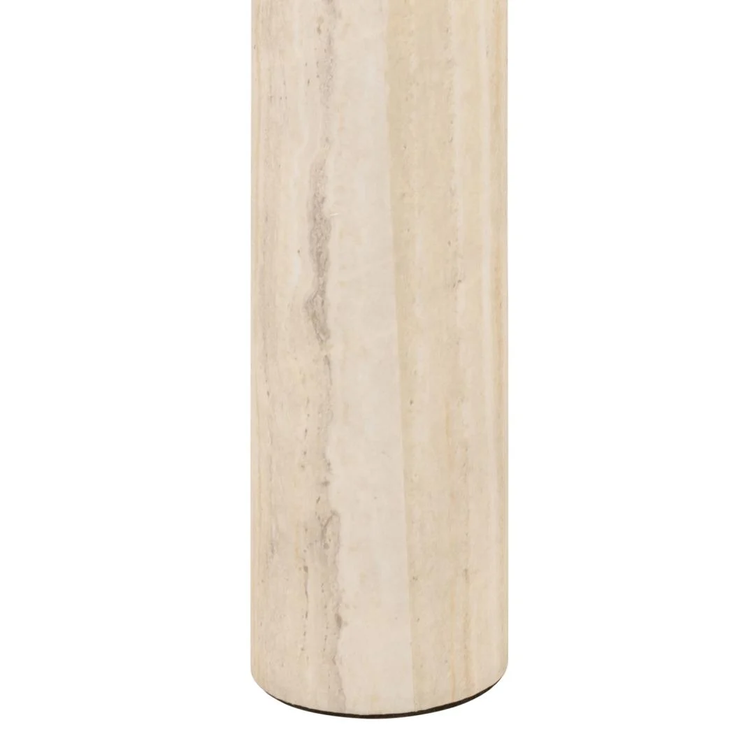 Een close-up van de Salontafel Beige 100 x 75 CM Rond Mdf, met een cilindrisch beige oppervlak met subtiele adering en gladde afwerking, tegen een witte achtergrond.