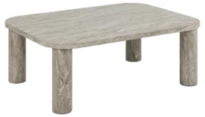 Een ronde, lichtgrijze MDF salontafel (Salontafel 75 x 36 CM Rond) met een steenachtige textuur en stevige cilindrische poten.