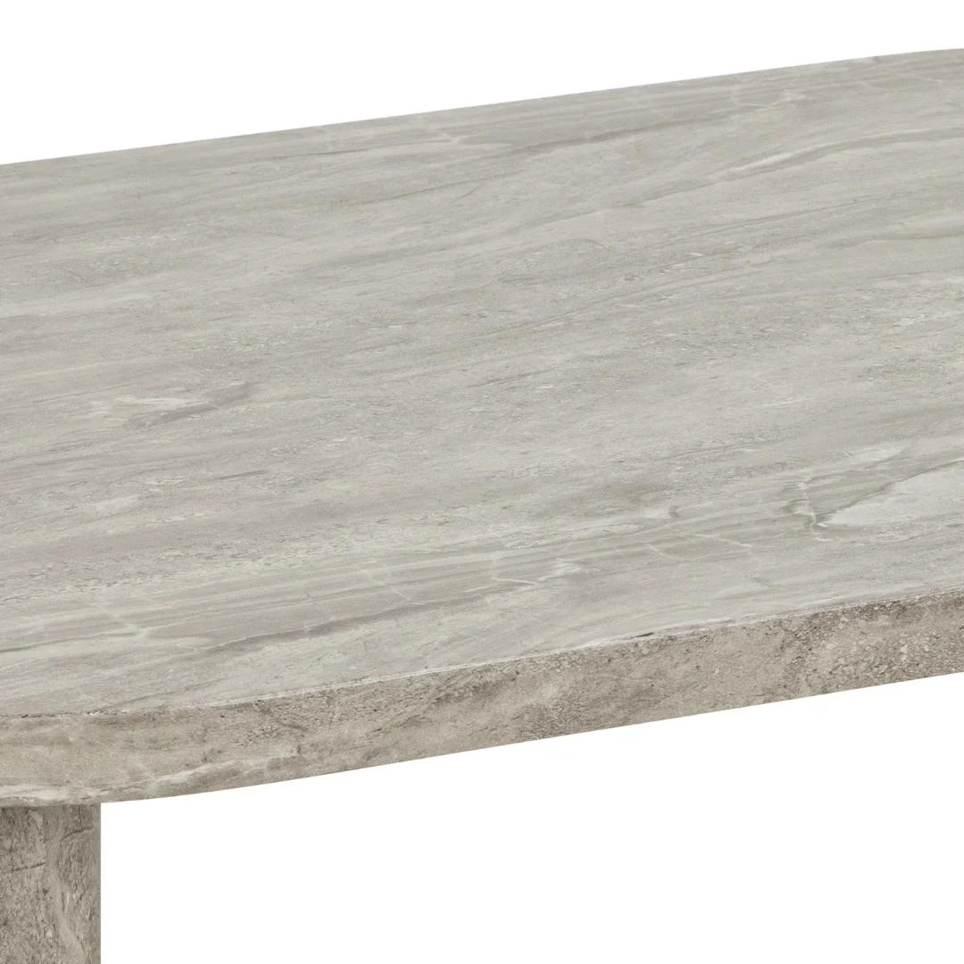 Een close-up van de rand van de Salontafel 75 x 36 CM Rond MDF, met een lichtgrijs, steenachtig gestructureerd oppervlak.