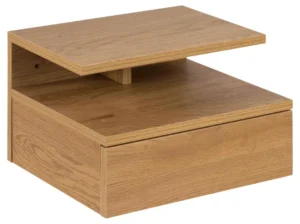 Het Nachtkastje MDF Slaapkamer heeft een modern ontwerp met een zwevende bovenplank, open zijruimte, een enkele lade eronder en een lichte natuurlijke houtnerf afwerking.