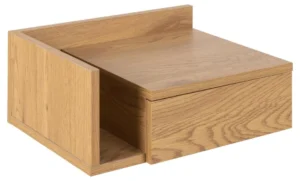 Het Nachtkastje MDF Slaapkamer Met Lade is een modern, aan de muur bevestigd nachtkastje van licht hout met een enkele lade, een open zijplank en een minimalistisch, doosvormig ontwerp.