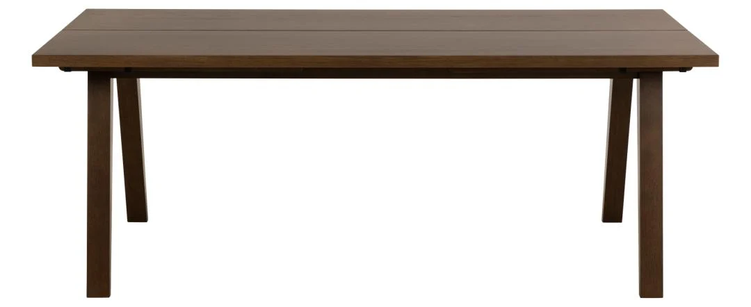 De Eettafel Nieuwe Sfeer is een rechthoekige eiken tafel van 200 x 95 cm met vier rechte poten, afgebeeld met de voorkant tegen een witte achtergrond. Dit eenvoudige, moderne ontwerp heeft een gladde, donkerbruine afwerking.