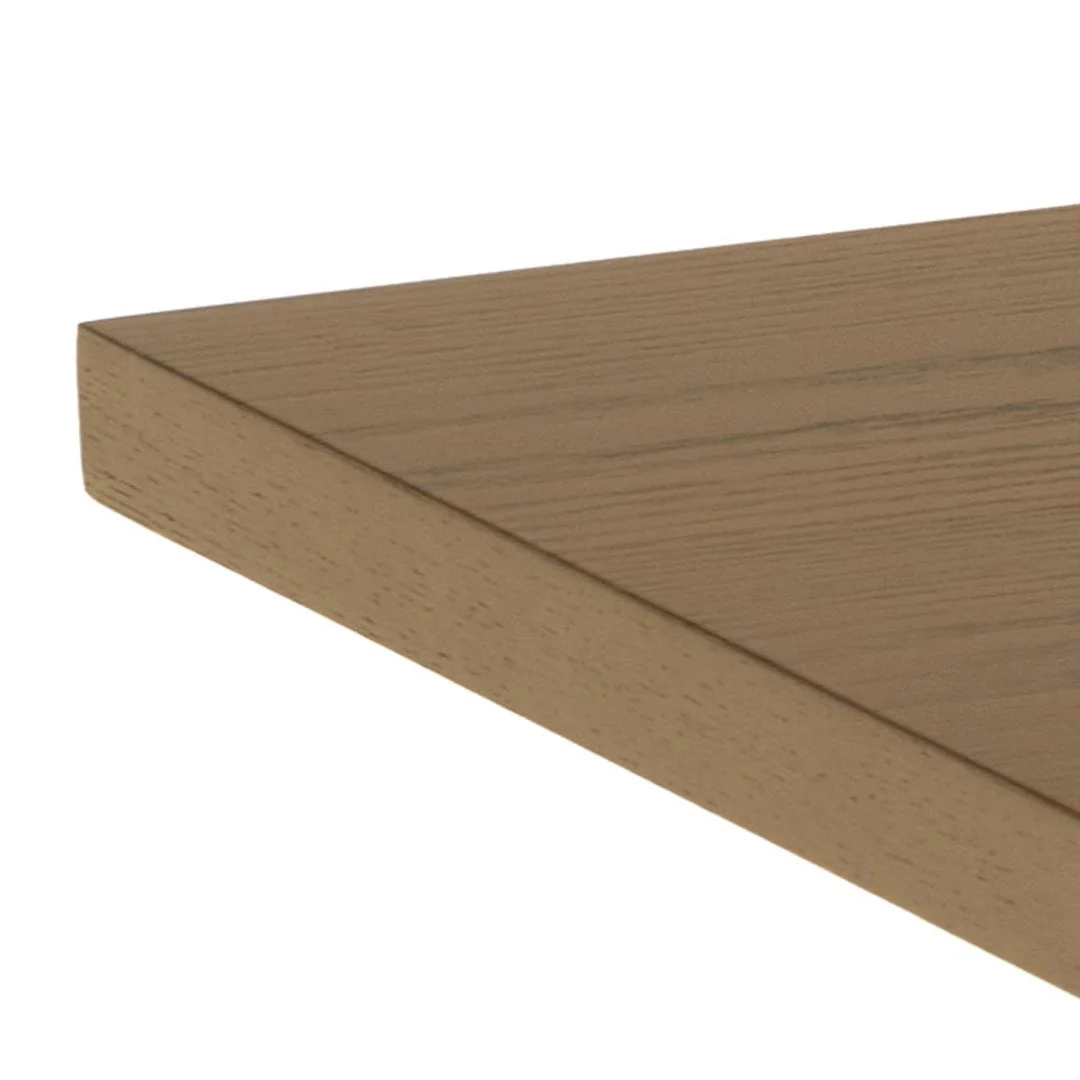 Een close-up van de hoek van de Salontafel Grijs 70 x 45 CM Rechthoek met eikenfineer, waarbij de houtnerf en gladde, rechte randen worden benadrukt.