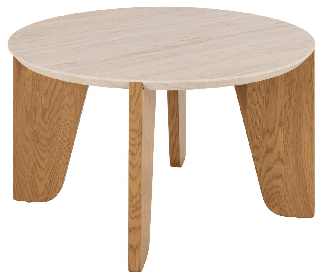 De Salontafel Beige 80 CM Rond MDF is een ronde salontafel met een licht houten blad en drie brede, schuin geplaatste poten van donkerder hout voor een moderne, minimalistische uitstraling.