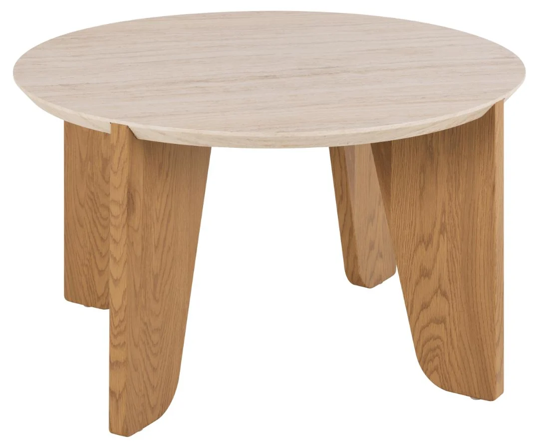 De Salontafel Beige 80 CM Rond MDF is een ronde houten salontafel met een lichtbeige blad en drie schuine poten in een donkerder houten afwerking.