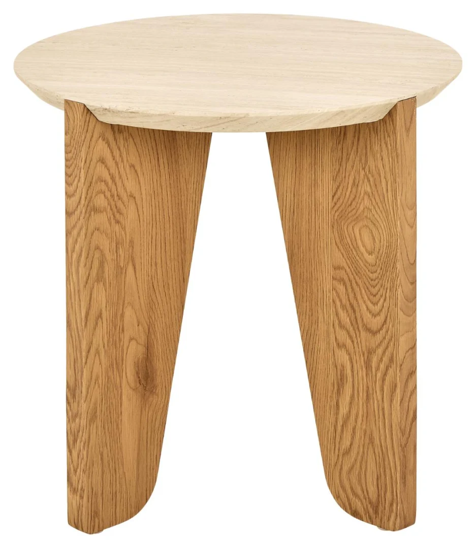 De Bijzettafel Beige 50 CM Rond Kunststof is een ronde bijzettafel met een glad, lichtbeige blad en twee schuine, dikke poten met zichtbare nerfpatronen. Hij heeft een minimalistisch, modern ontwerp dat perfect is voor eigentijdse ruimtes.