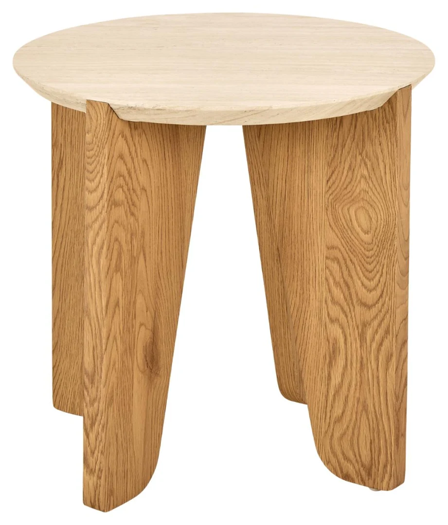 De Bijzettafel Beige 50 CM Rond Kunststof is een moderne, minimalistische ronde bijzettafel met een lichtbeige blad en drie dikke, gebogen poten met een natuurlijke houtnerf look.