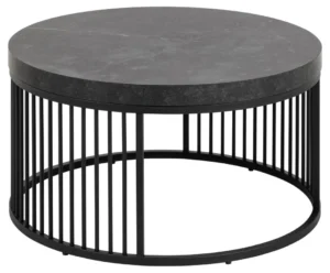 De Salontafel Zwart 65 CM Rond Kunststof heeft een rond zwart blad en een open cilindrisch zwart onderstel gemaakt van gelijkmatig verdeelde verticale stangen.
