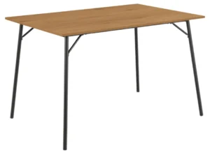 De Eettafel Nieuwe Sfeer is een ronde tafel (80 x 75 cm) met een licht eikenhouten blad en vier slanke zwarte stalen poten, afgebeeld tegen een witte achtergrond.