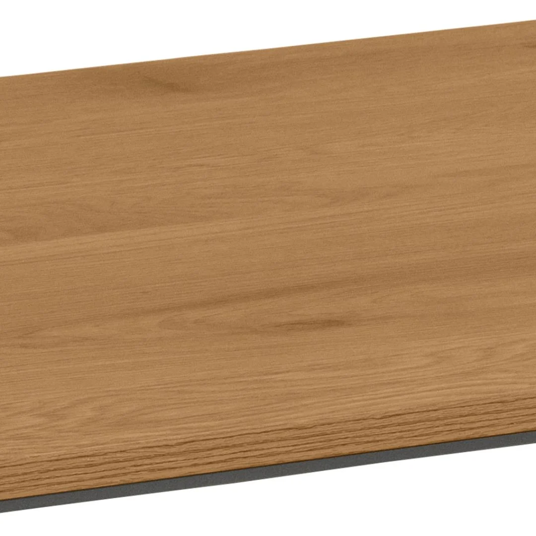 Een close-up van de Eettafel Nieuwe Sfeer (80 x 75 CM ronde tafel) toont het gladde, licht eiken oppervlak met zichtbare nerven en een donkere stalen strip aan de onderkant.