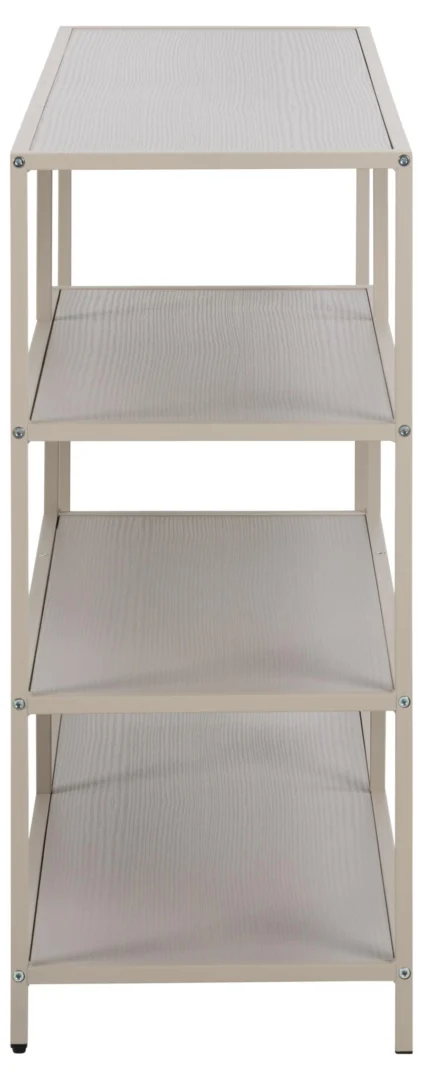 Een vooraanzicht van de Seaford boekenkast, een metalen stellingkast met vier etages met een lichtbeige frame en vlakke, gladde planken. De lege, open rekken hebben een minimalistisch design.