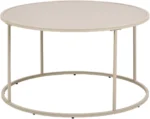 De Salontafel Grijs 80 CM Rond Kunststof is een ronde, lichtgrijze salontafel met een dun metalen frame, een open minimalistisch ontwerp en vier verticale steunen die het tafelblad en het onderstel verbinden. De stijl is modern en eenvoudig.