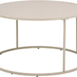 De Salontafel Grijs 80 CM Rond Kunststof is een ronde, lichtgrijze salontafel met een dun metalen frame, een open minimalistisch ontwerp en vier verticale steunen die het tafelblad en het onderstel verbinden. De stijl is modern en eenvoudig.