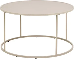 De Salontafel Grijs 80 CM Rond Kunststof is een ronde, lichtgrijze salontafel met een dun metalen frame, een open minimalistisch ontwerp en vier verticale steunen die het tafelblad en het onderstel verbinden. De stijl is modern en eenvoudig.
