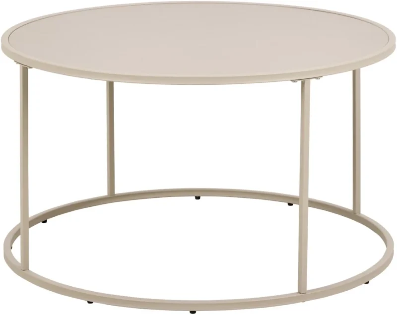 De Salontafel Grijs 80 CM Rond Kunststof is een ronde, lichtgrijze salontafel met een dun metalen frame, een open minimalistisch ontwerp en vier verticale steunen die het tafelblad en het onderstel verbinden. De stijl is modern en eenvoudig.