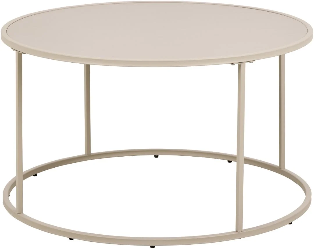 De Salontafel Grijs 80 CM Rond Kunststof is een ronde, lichtgrijze salontafel met een dun metalen frame, een open minimalistisch ontwerp en vier verticale steunen die het tafelblad en het onderstel verbinden. De stijl is modern en eenvoudig.