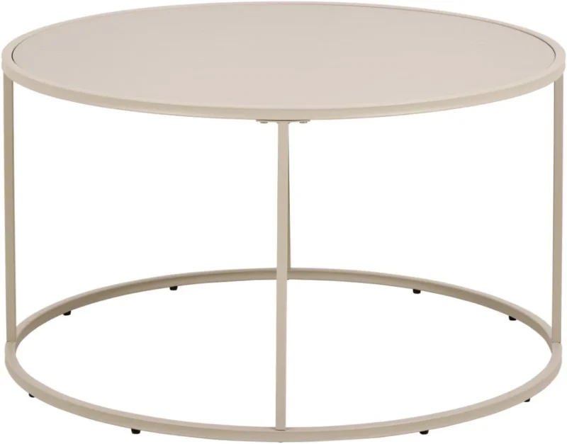 Een ronde, grijze salontafel Grijs van 80 cm, gemaakt van kunststof met een minimalistisch ontwerp met een dun blad en slanke poten die verbonden zijn met een vierkant onderstel.