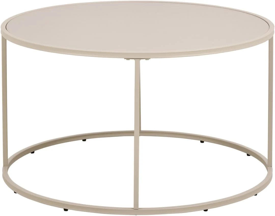Een ronde, grijze salontafel Grijs van 80 cm, gemaakt van kunststof met een minimalistisch ontwerp met een dun blad en slanke poten die verbonden zijn met een vierkant onderstel.
