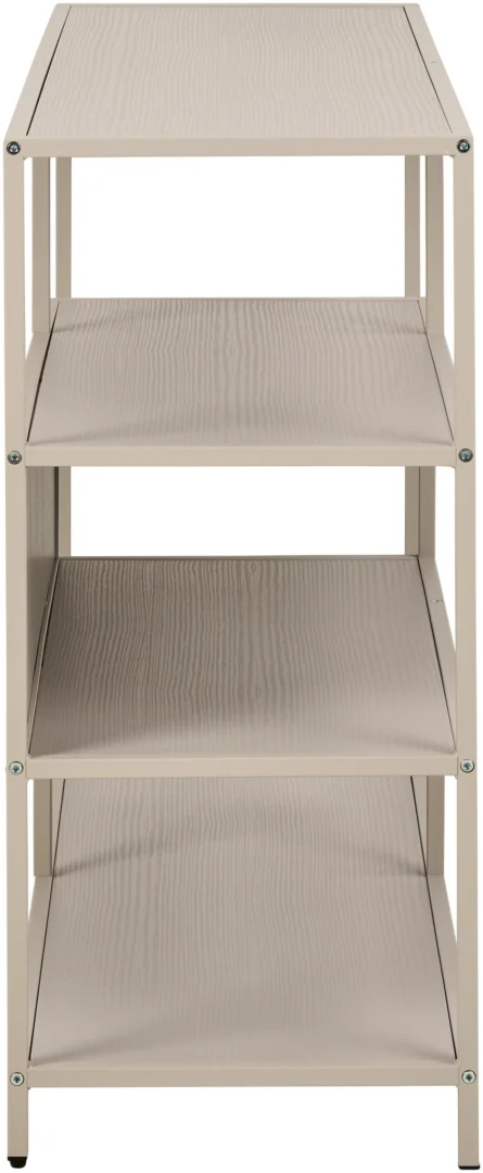 Vooraanzicht van de Seaford boekenkast, een beige metalen stellingkast met drie verdiepingen, een minimalistisch ontwerp en een houtstructuur op elke plank.