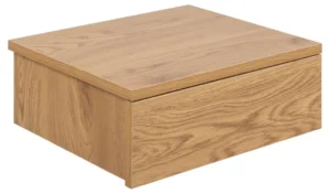 Een Nachtkastje van MDF (37 x 32 x 13 cm) heeft een lichte houtnerfafwerking en een glad, plat deksel tegen een effen witte achtergrond.