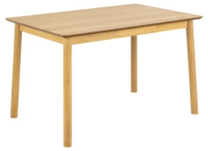 De Eettafel Nieuwe Sfeer is een ronde eiken eettafel (120 x 80 cm) met een lichte houtafwerking, voorzien van vier rechte poten en afgebeeld tegen een effen witte achtergrond.