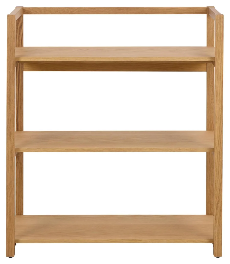 Vooraanzicht van een naturel eikenfineer boekenkast met drie planken. Het lichte hout en de strakke lijnen geven een retro uitstraling.