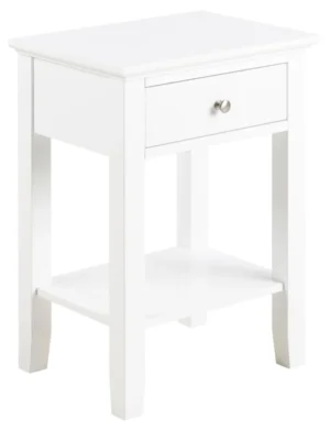 Het Nachtkastje Wit Glas 39 x 29 CM is een wit nachtkastje met een glazen blad, een enkele lade met ronde metalen knop, een open onderste plank en vier rechte poten.