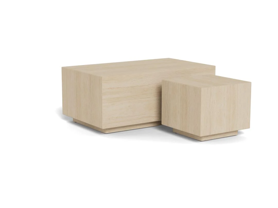 De Salontafel Beige, Roest Rechthoek set bestaat uit twee minimalistische beige kunststof tafels - een grote rechthoekige en een kleinere vierkante - naast elkaar op een witte achtergrond.