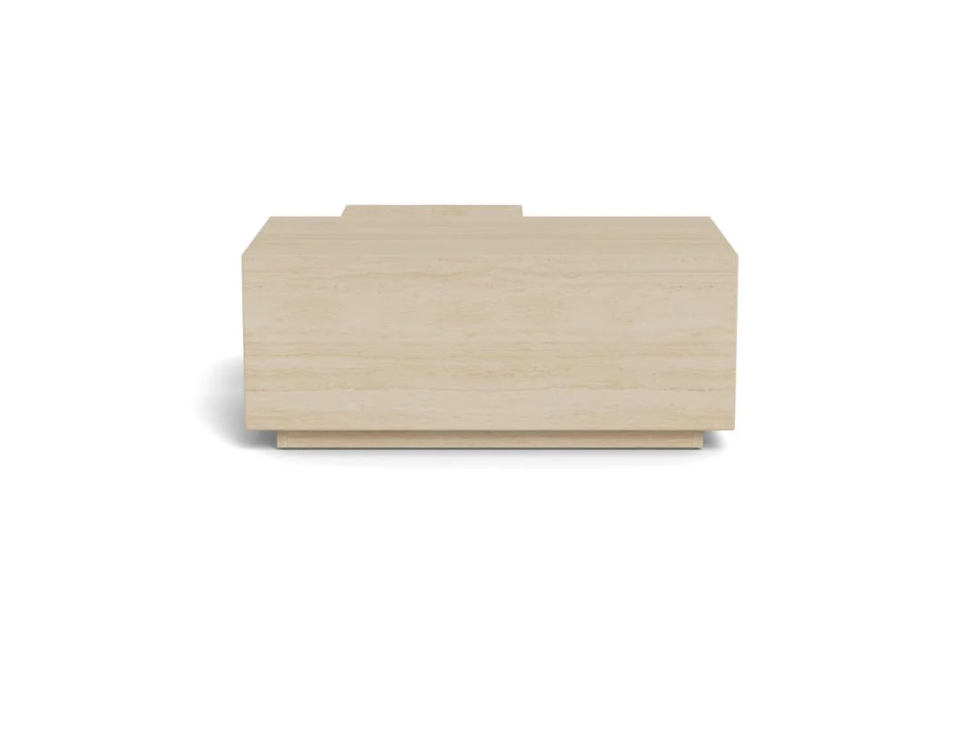 Een rechthoekige beige salontafel "Salontafel Roest", gemaakt van kunststof, met strakke lijnen en een minimalistisch ontwerp, tegen een effen witte achtergrond.